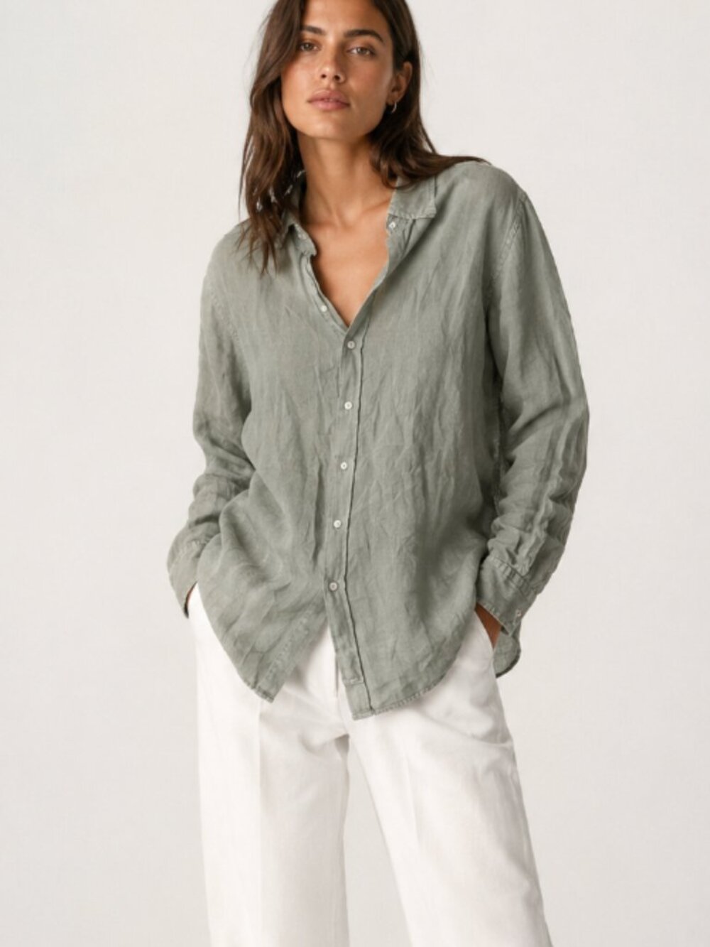 Zara Sage Green Lightweight 100% Linen Button Down Long Sleeve Top Large - Picture 1 of 6